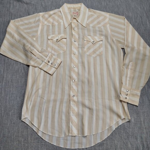VINTAGE Wrangler Shirt Pearl Snap Long Sleeve Striped Long Tails Size 18.5-36 - Picture 1 of 12